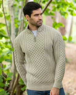Mens Aran Half Zip Neck Sweater Beige