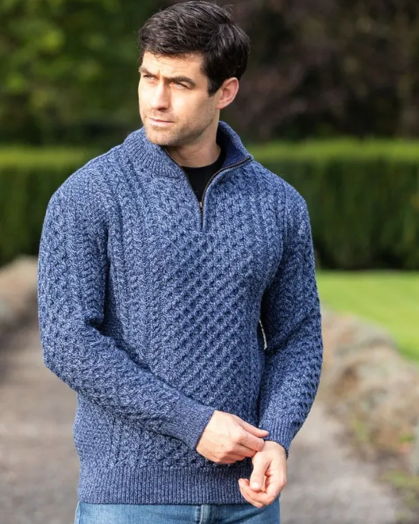 Mens Aran Half Zip Neck Sweater Denim Marl