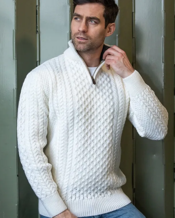 Mens Aran Half Zip Neck Sweater Natural