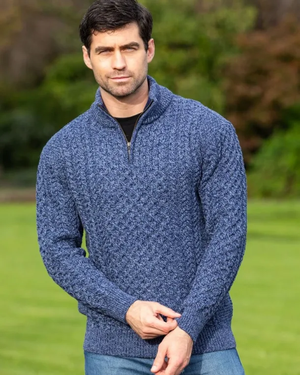 Mens Aran Half Zip Neck Sweater Denim Marl