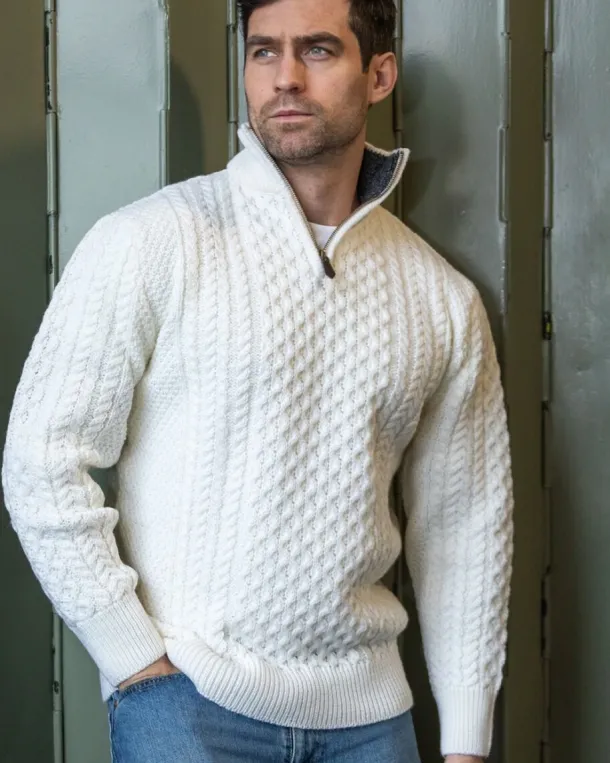 Mens Aran Half Zip Neck Sweater Natural