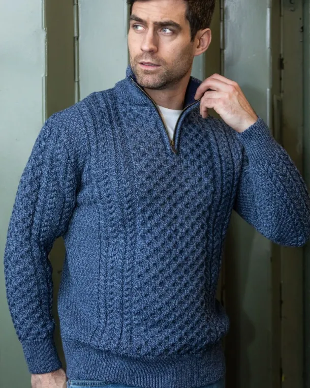 Mens Aran Half Zip Neck Sweater Denim Marl