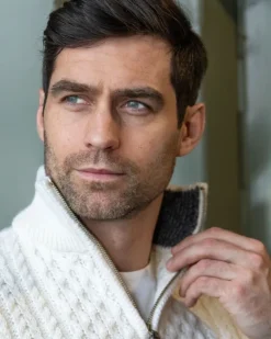 Mens Aran Half Zip Neck Sweater Natural