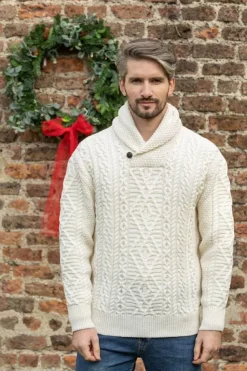 Men's Aran Shawl Neck Merino Wool Sweater