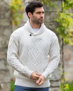 Men's Aran Shawl Neck Merino Wool Sweater