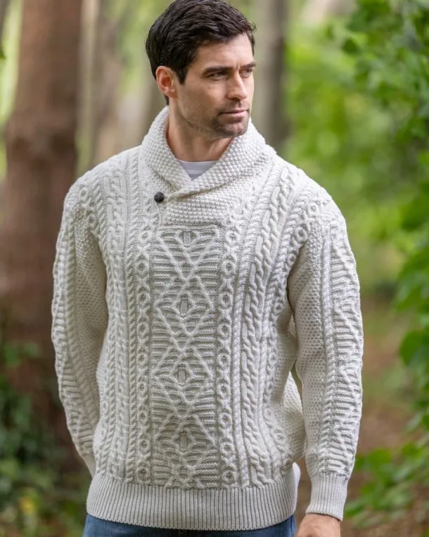 Men's Aran Shawl Neck Merino Wool Sweater