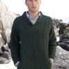 Mens Aran Shawl Neck Sweater Green