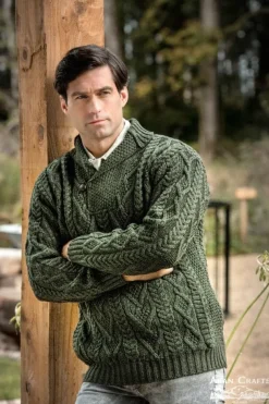 Mens Aran Shawl Neck Sweater Green