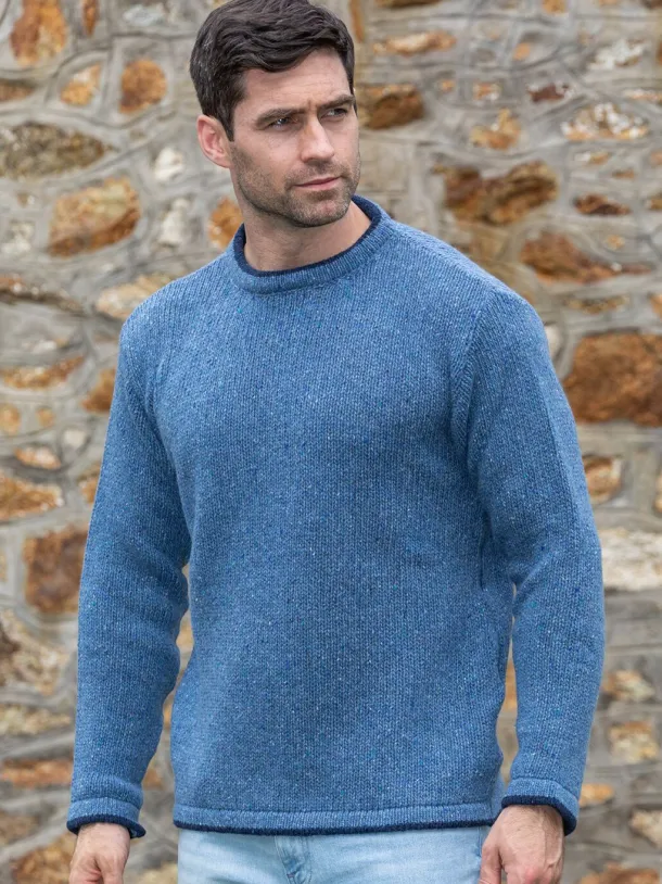 Men's Crew Neck Wool and Cashmere Sweater Blue Ocean