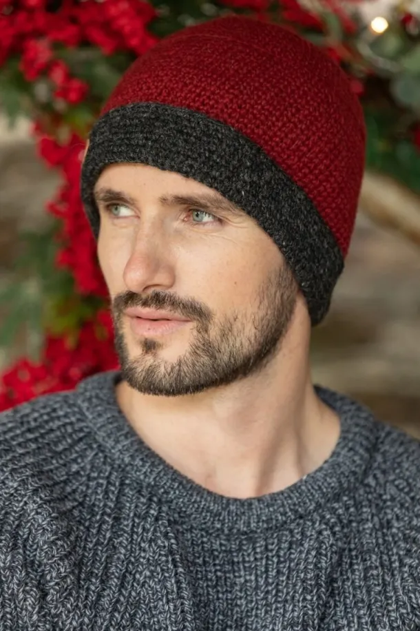 Mens Crochet Hat Red and Charcoal Rim