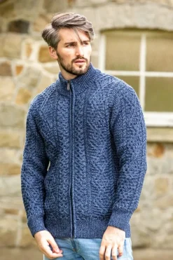 Mens Fisherman Full zip Cardigan Denim Marl