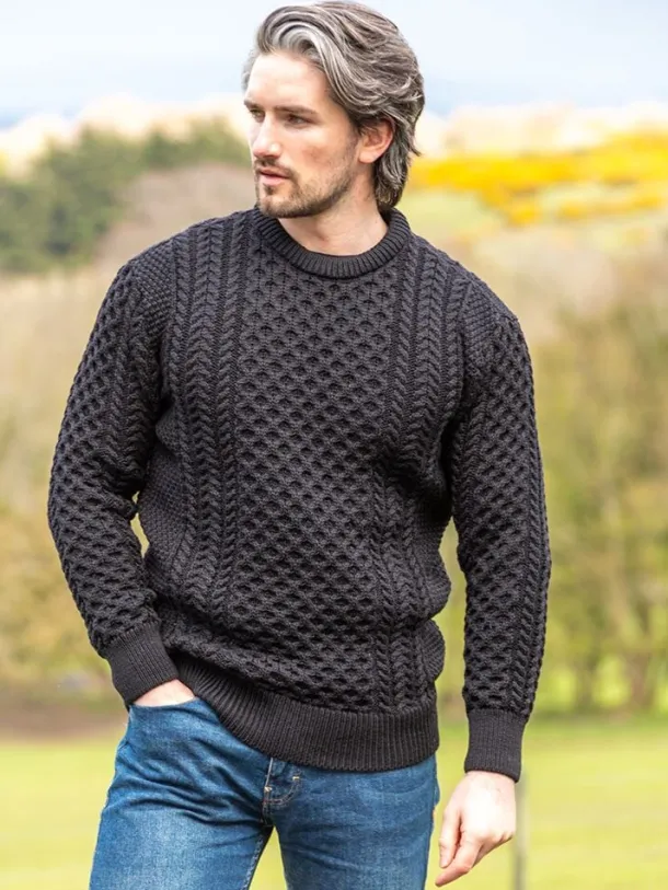 Mens Fisherman Merino Wool Sweater Black