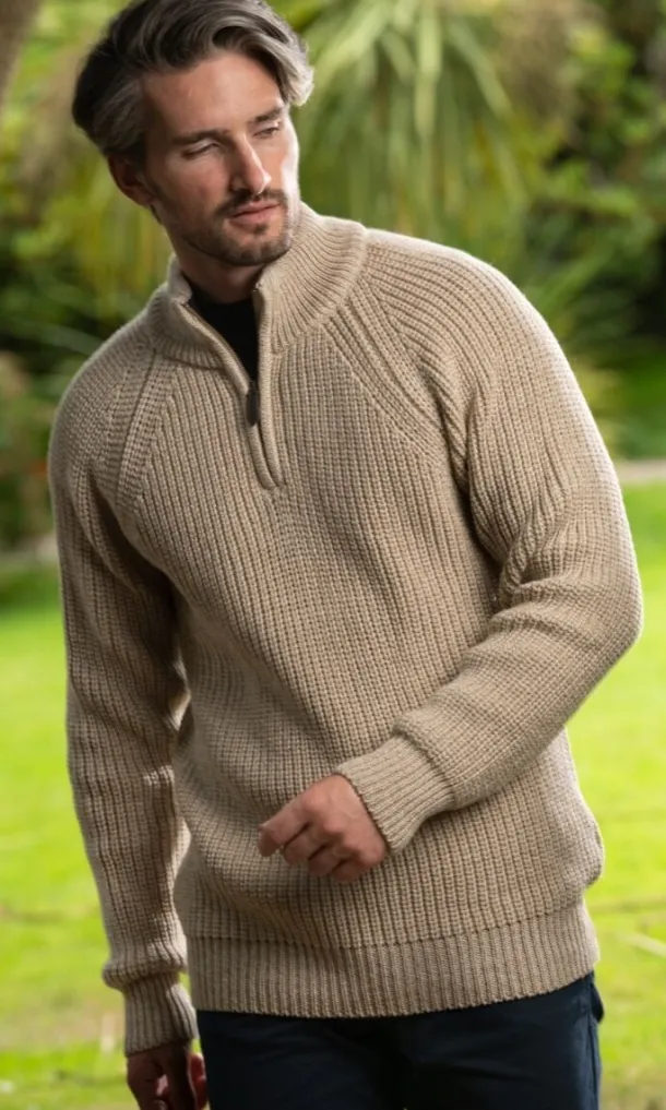 Men's half zip ribbed sweater Camel