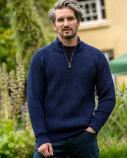 Men's half zip ribbed sweater Deep Water Blue