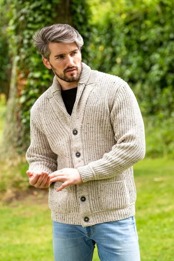 Men's Ribbed Shawl Neck Merino Wool Cardigan