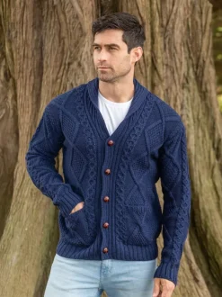 Men's V Neck Aran Cardigan Deep Water Blue