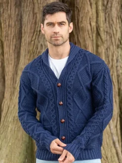 Men's V Neck Aran Cardigan Deep Water Blue