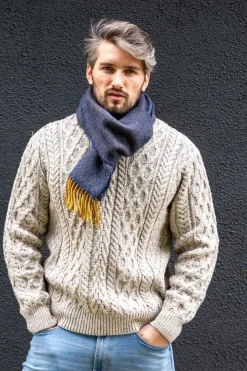 Men's Wool and Cashmere Navy/Mustard Herringbone Scarf 2433