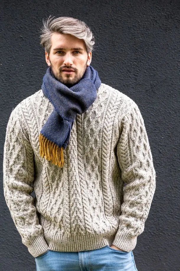 Men's Wool and Cashmere Navy/Mustard Herringbone Scarf 2433