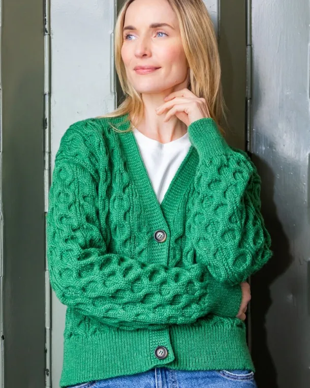 100% Merino Wool Cropped Aran Cardigan - Kiwi