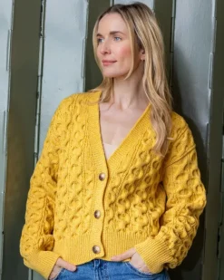 100% Merino Wool Cropped Aran Cardigan - Yellow