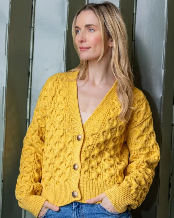 100% Merino Wool Cropped Aran Cardigan - Yellow