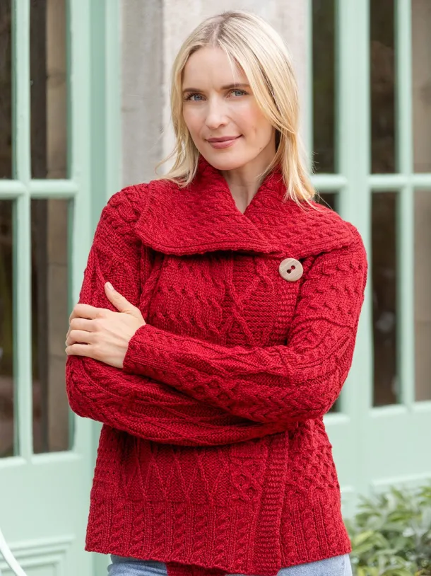 One Button Aran Patchwork Cardigan Red