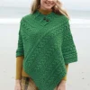 One Size Cable knit Poncho with Buttons Kelly Green
