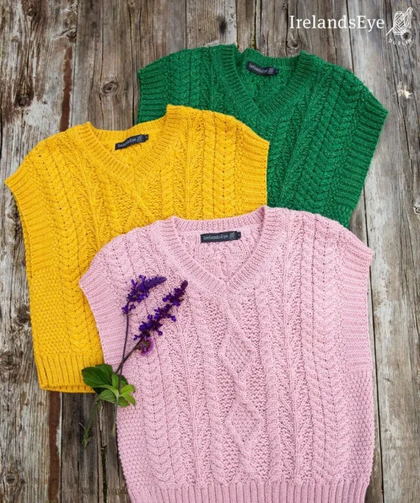 Pansy V Neck Aran Vest Green Marl