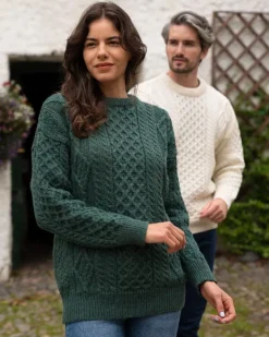 Pure Wool Unisex Aran Sweater Moss Green