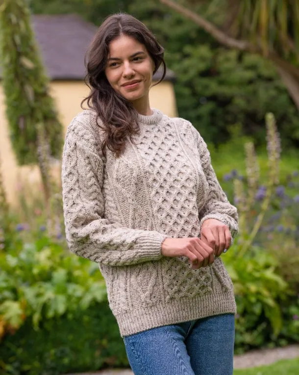 Pure Wool Unisex Aran Sweater Oatmeal Fleck