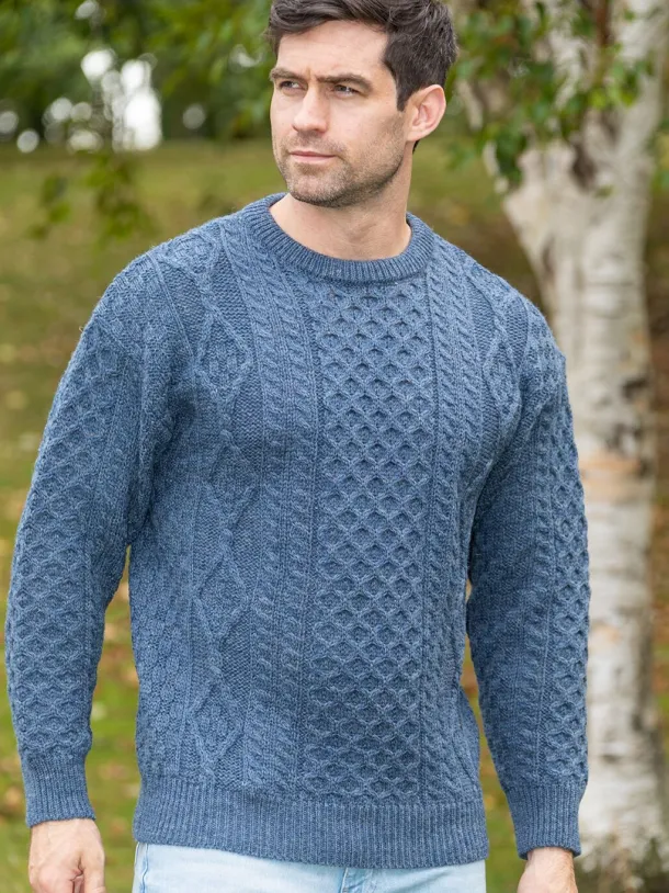 Pure Wool Unisex Aran Sweater Denim