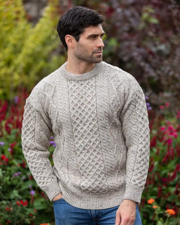 Pure Wool Unisex Aran Sweater Oatmeal Fleck