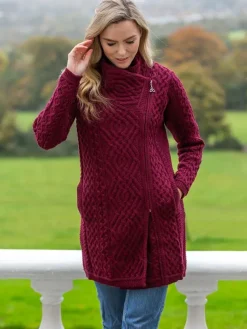 Side Zip Aran Coat Burgundy