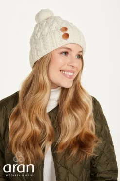 Super Soft Aran Hat with Triskelion Buttons - natural