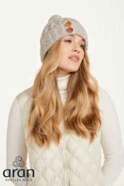 Super Soft Aran Hat with Triskelion Buttons Oatmeal