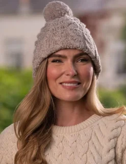 Super Soft Cable Knit Hat with pom pom Beige