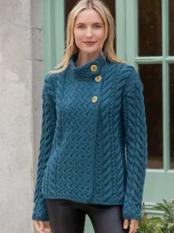 Super Soft Merino Wool Aran Cardigan Teal