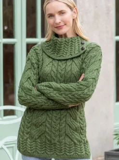 100% Super Soft Merino Wool Cowl Neck with Buttons Green