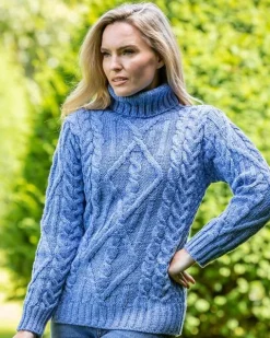 Turtleneck Aran Sweater Blue