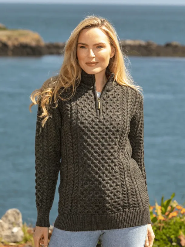 Unisex Half Zip Merino Wool Sweater Green Marl