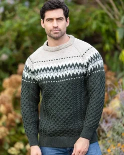Unisex Merino Wool Aran Fairisle Sweater Army Green