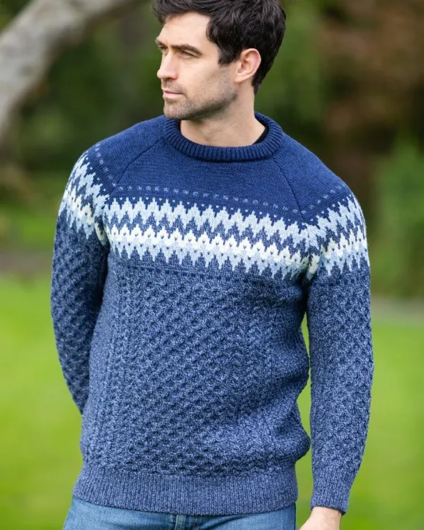 Unisex Merino Wool Aran Fairisle Sweater Denim