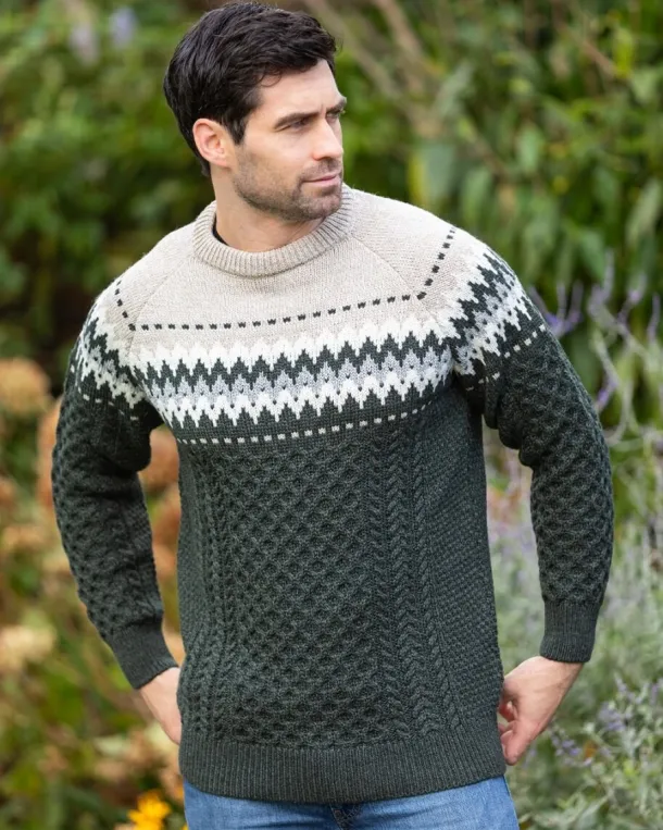 Unisex Merino Wool Aran Fairisle Sweater Army Green