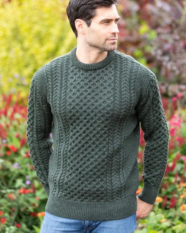 Unisex Merino Wool Aran Sweater - Army Green