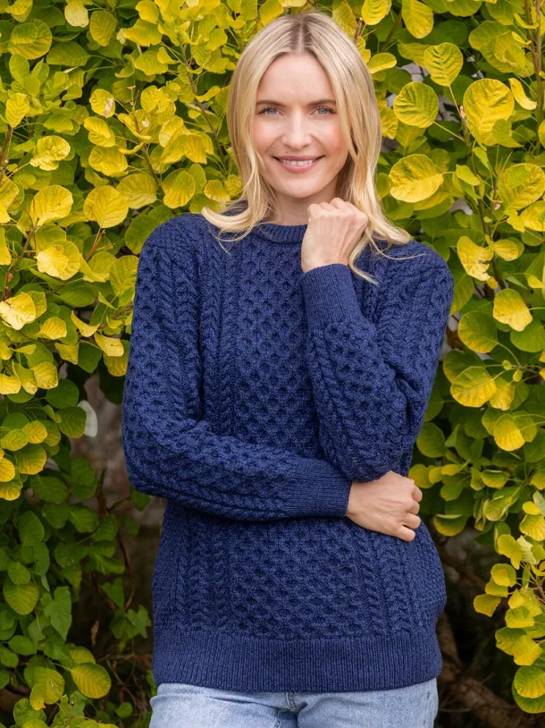 Unisex Merino Wool Aran Sweater Deep Water Blue