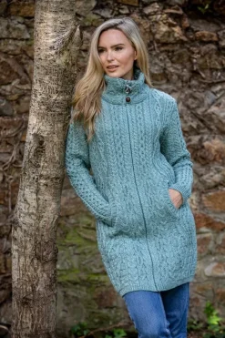Womens Long Fitted Aran Coat - Aqua