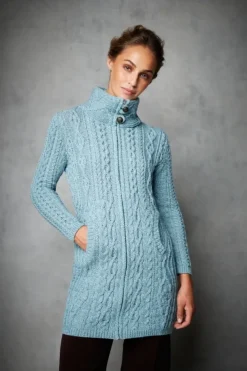 Womens Long Fitted Aran Coat - Aqua