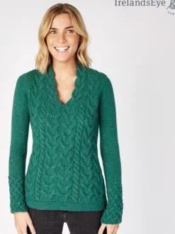 Wool and Cashmere Cable v Neck Sweater - Green Garden