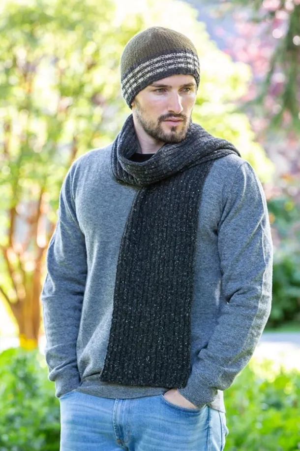 Wool and Cashmere Luxe Ribbed Scarf Charcoal - Made in Ireland